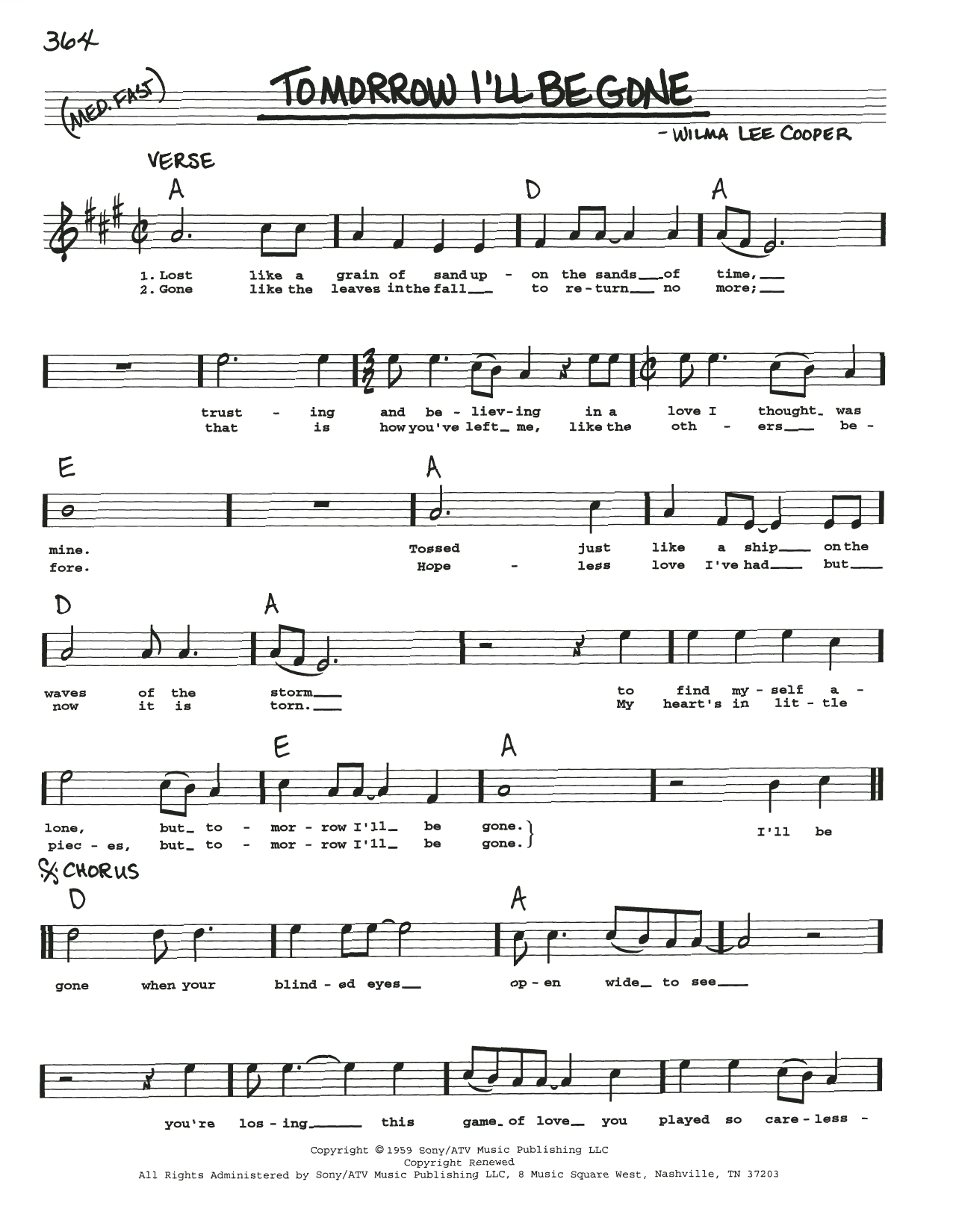 Download Wilma Lee Cooper Tomorrow I'll Be Gone Sheet Music
