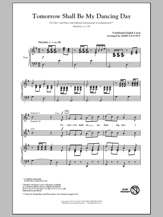 Download Traditional Carol Tomorrow Shall Be My Dancing Day (arr. Sheet Music