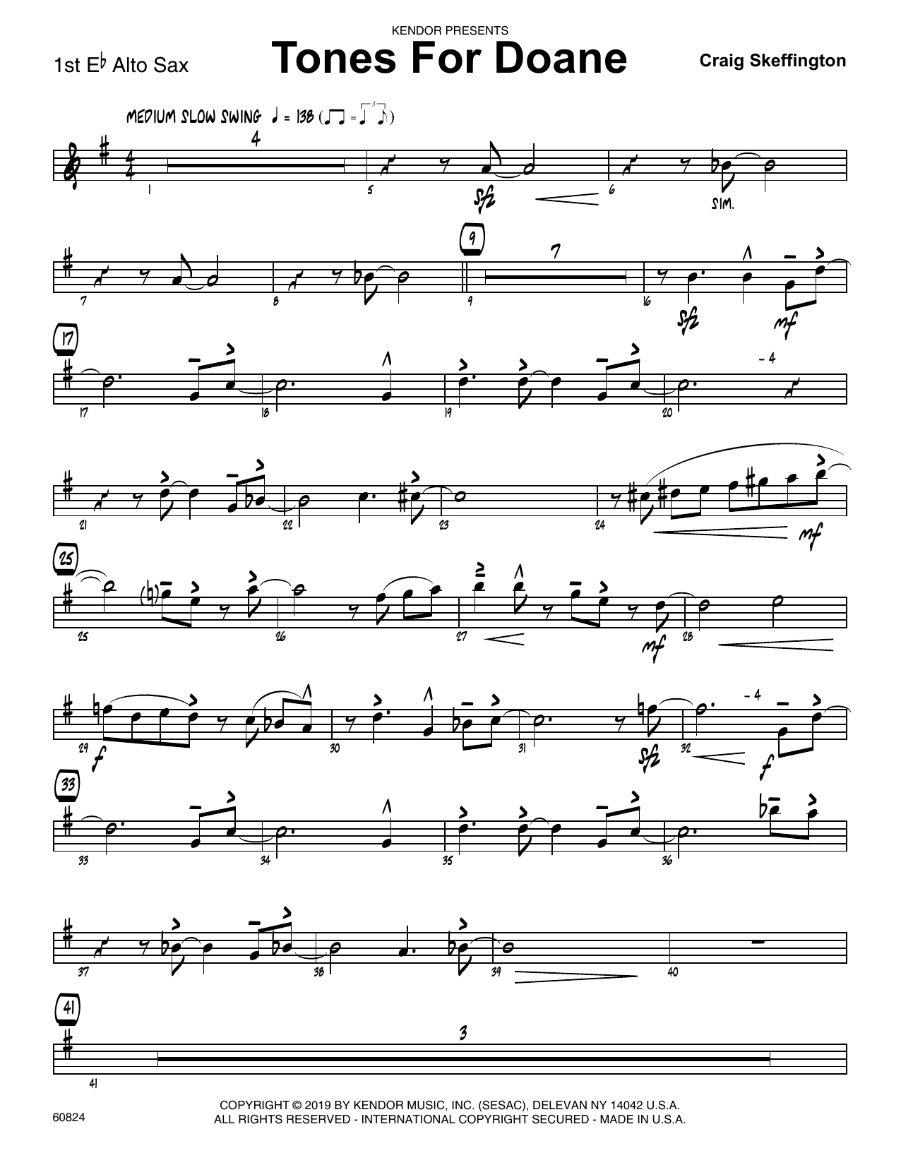 Download Craig Skeffington Tones For Doane - 1st Eb Alto Saxophone Sheet Music