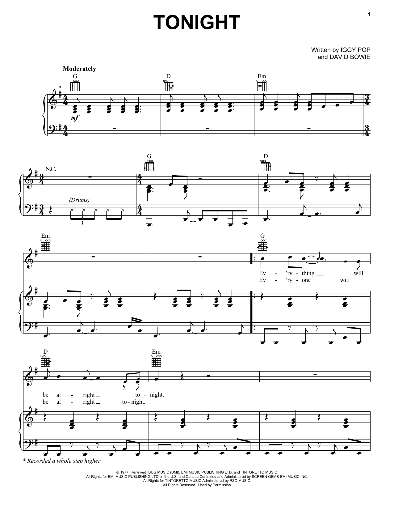 Iggy Pop Tonight sheet music notes printable PDF score