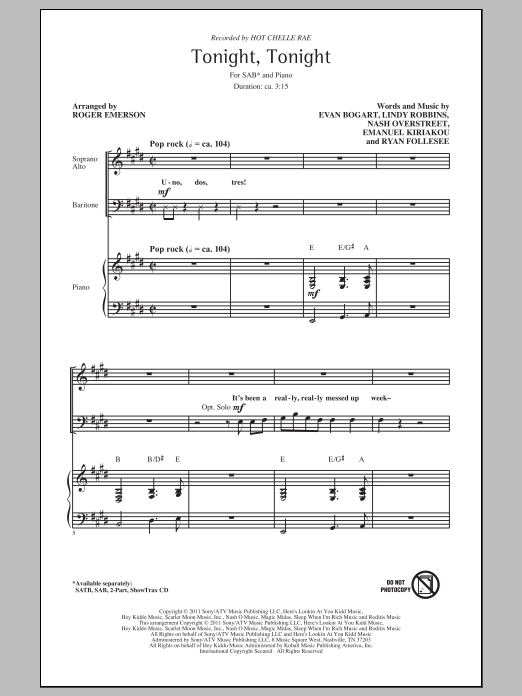 Download Hot Chelle Rae Tonight Tonight (arr. Roger Emerson) Sheet Music