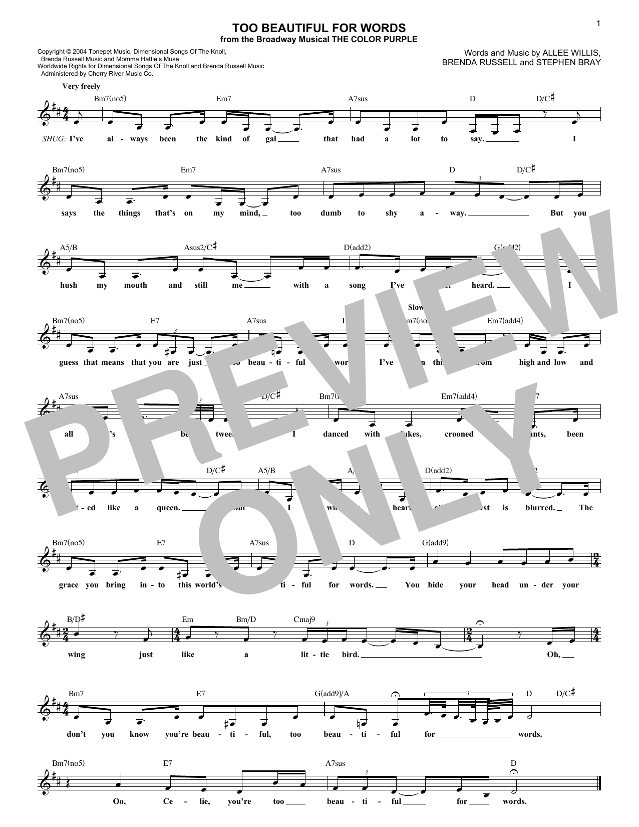 Download Allee Willis Too Beautiful For Words Sheet Music