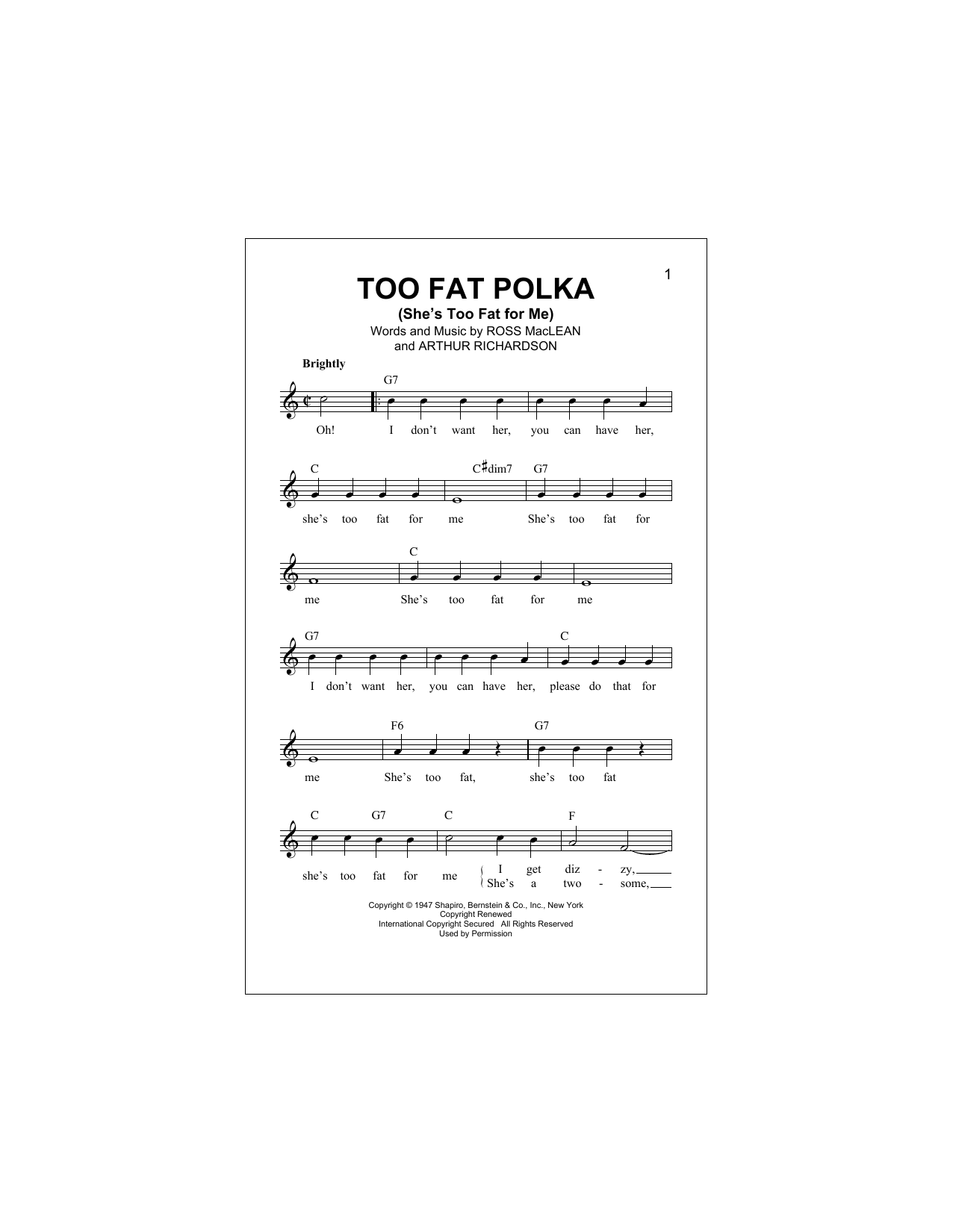 Download Arthur Richardson Too Fat Polka (She's Too Fat For Me) Sheet Music