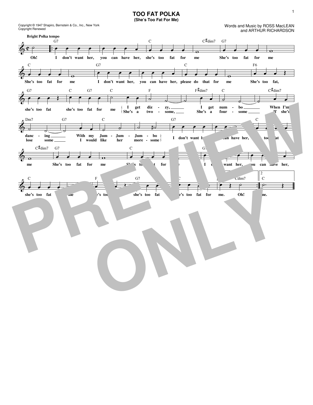 Download Frankie Yankovic Too Fat Polka (She's Too Fat For Me) Sheet Music