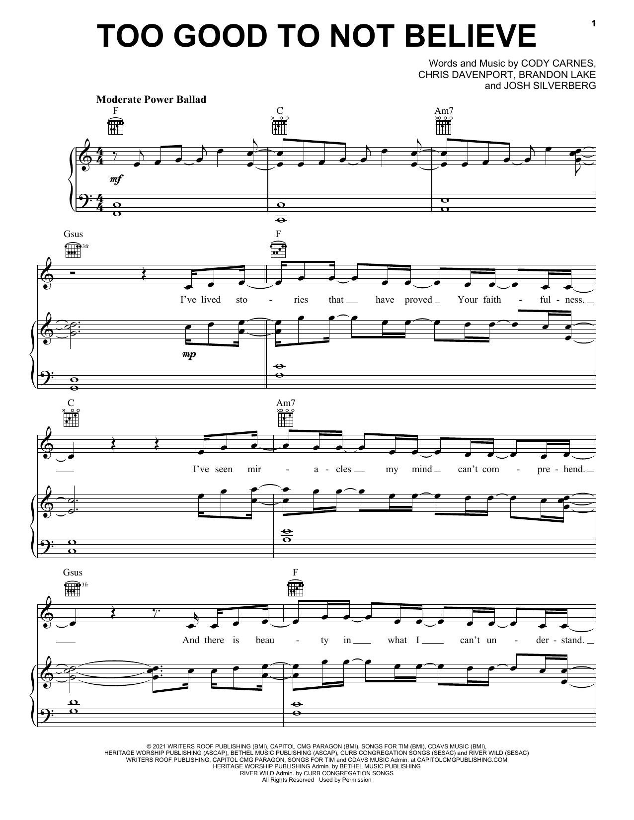 Download Cody Carnes Too Good To Not Believe (feat. Brandon Sheet Music