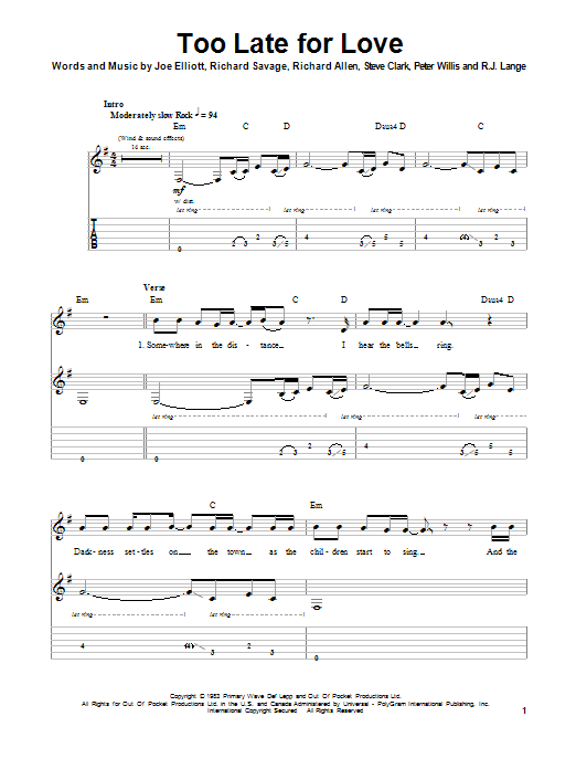 Download Def Leppard Too Late For Love Sheet Music