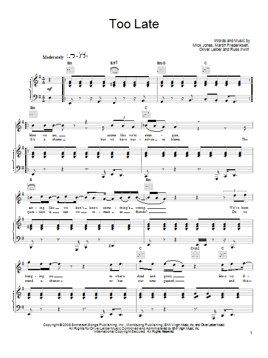 Download Foreigner Too Late Sheet Music