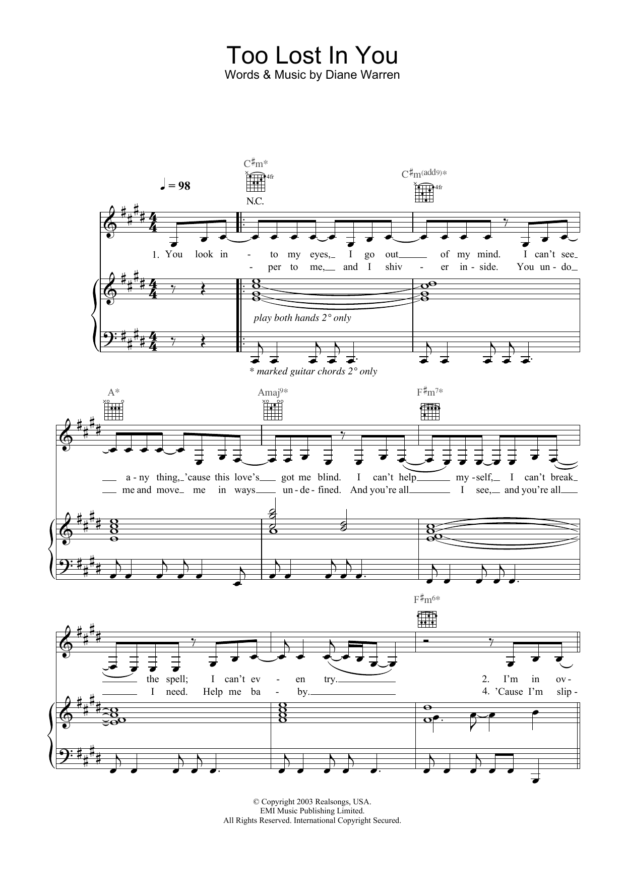 Download Sugababes Too Lost In You Sheet Music