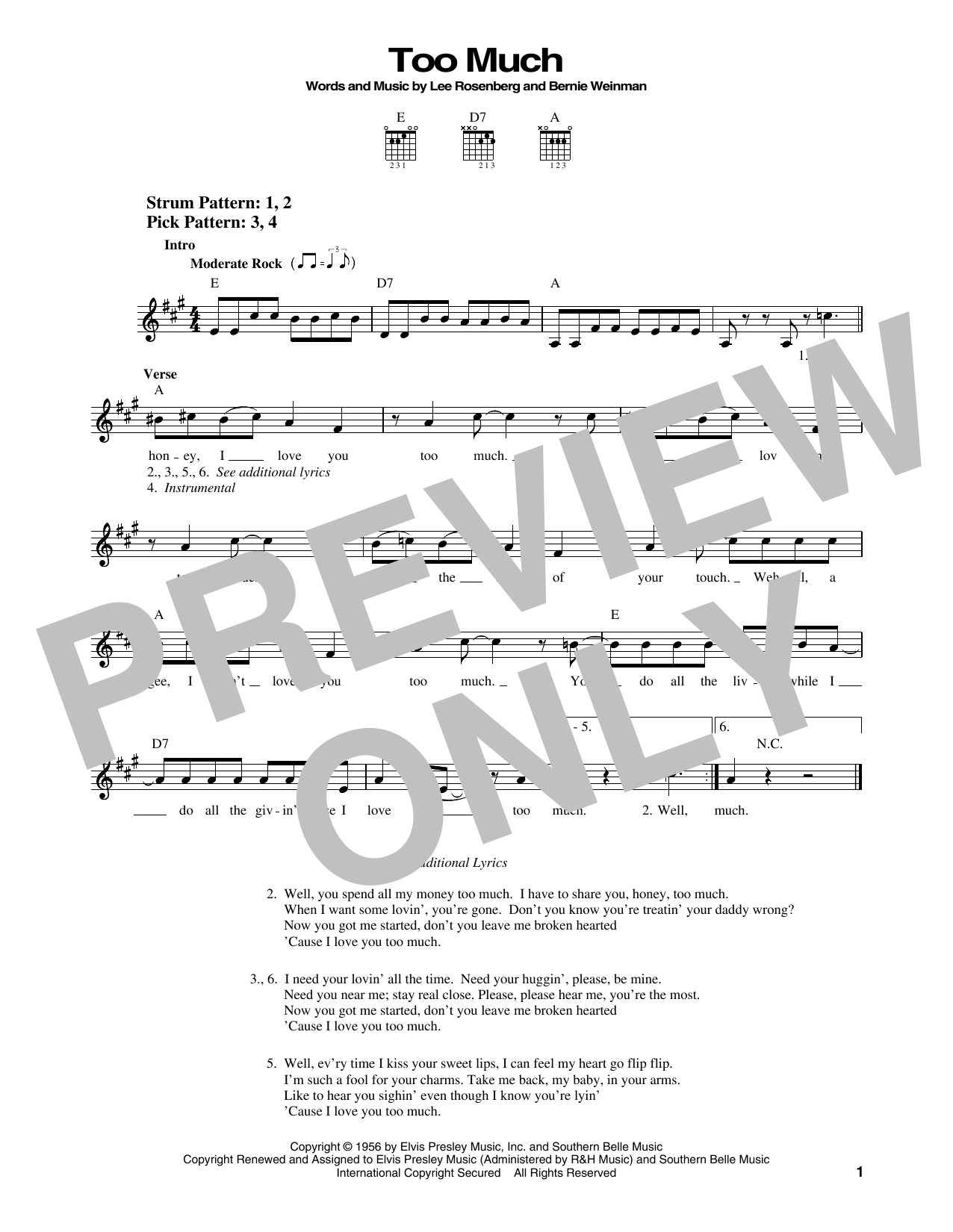 Elvis Presley Too Much sheet music notes printable PDF score
