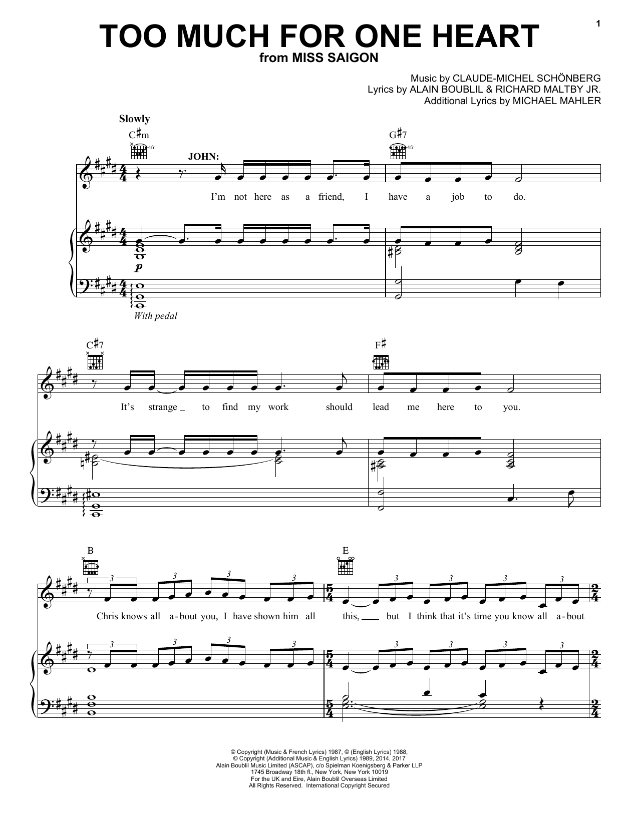 Download Boublil and Schonberg Too Much For One Heart (from Miss Saigo Sheet Music