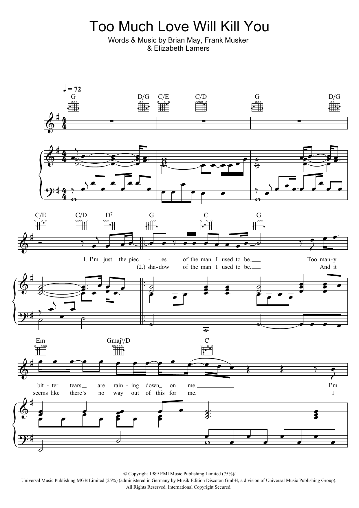 Download Queen Too Much Love Will Kill You Sheet Music