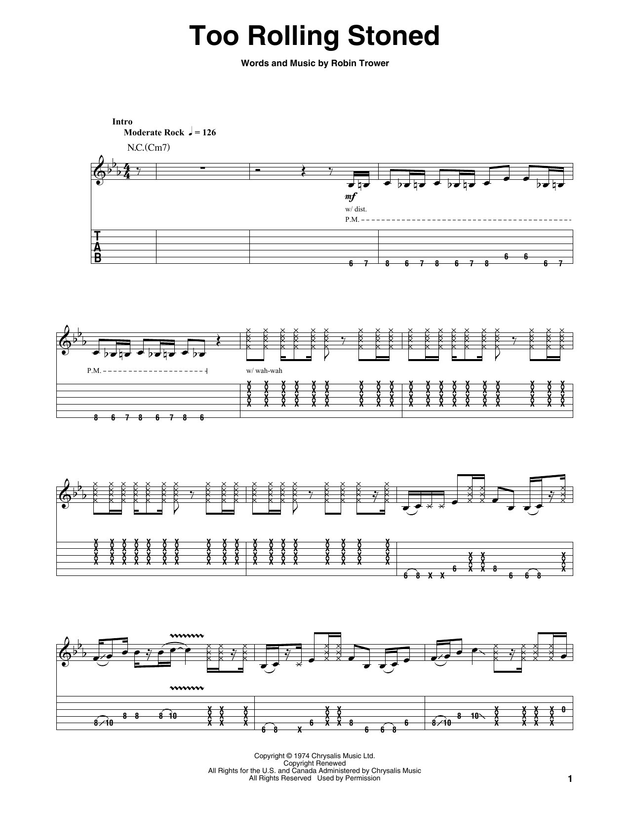 Download Robin Trower Too Rolling Stoned Sheet Music