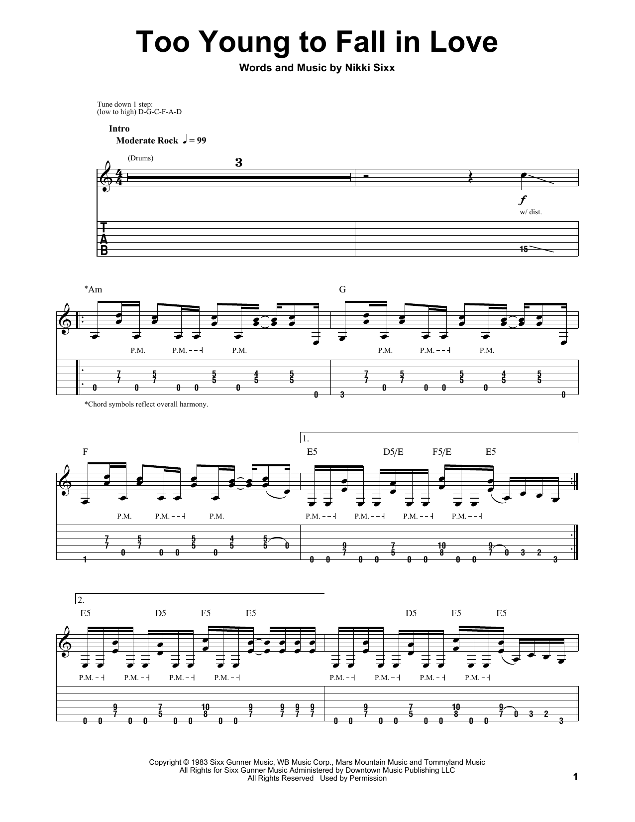 Download Motley Crue Too Young To Fall In Love Sheet Music
