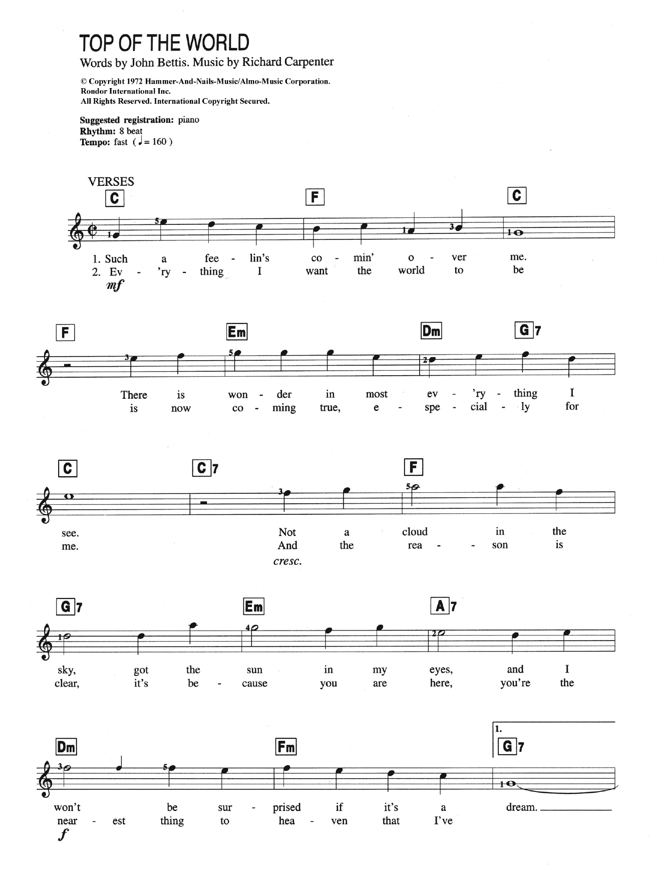 Download Carpenters Top Of The World Sheet Music