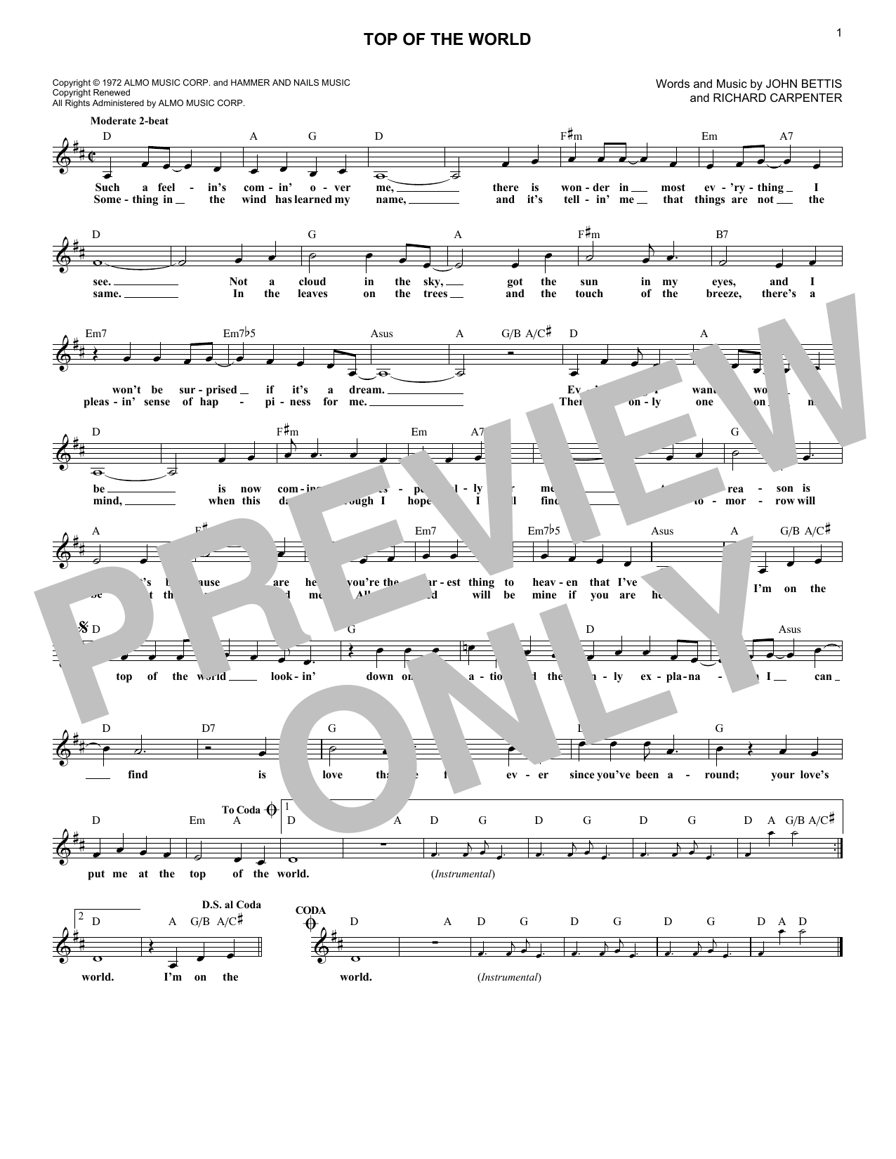 Download Carpenters Top Of The World Sheet Music