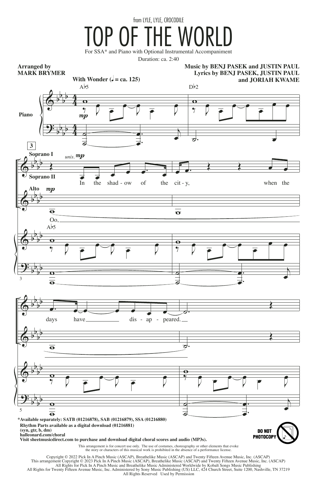 Download Shawn Mendes Top Of The World (from Lyle, Lyle, Croc Sheet Music