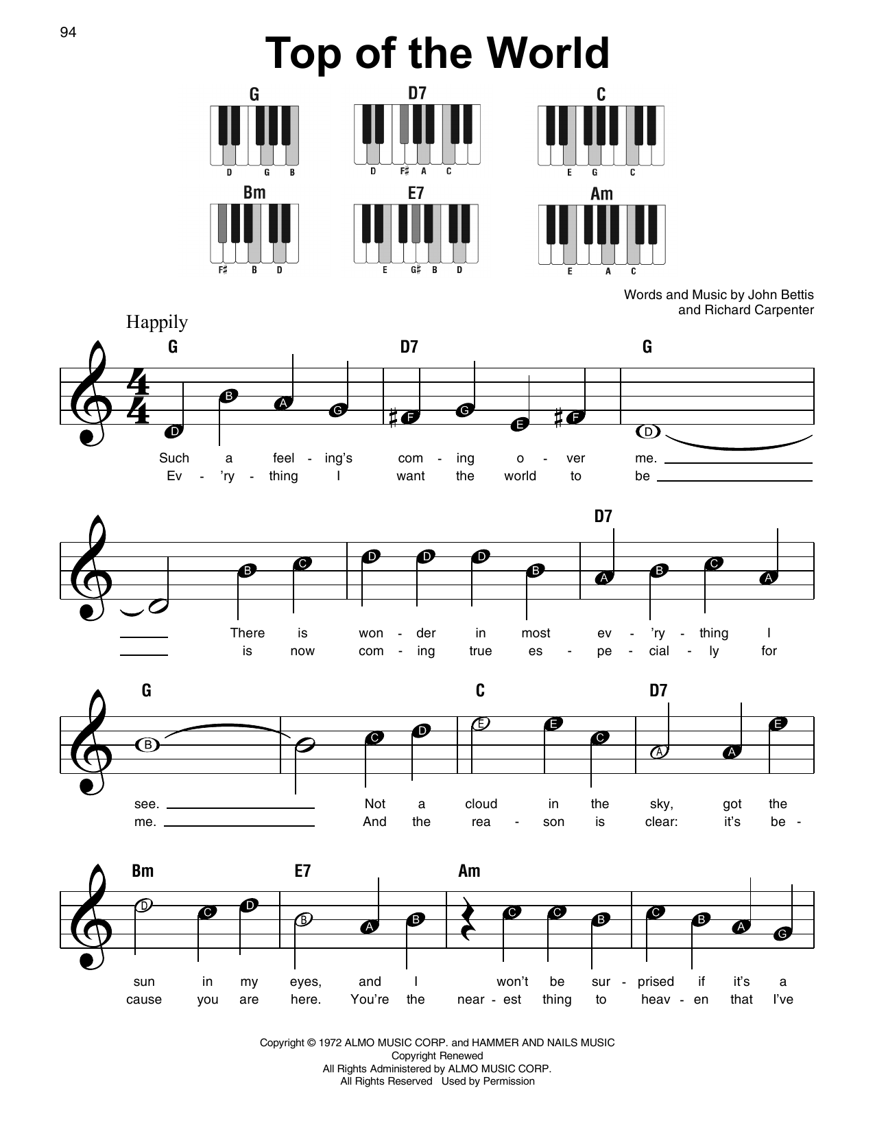 Download The Carpenters Top Of The World Sheet Music