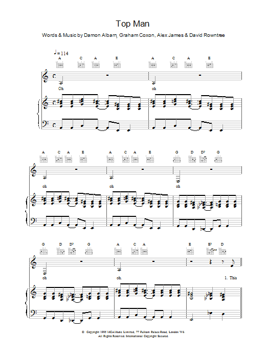Blur Top Man sheet music notes printable PDF score