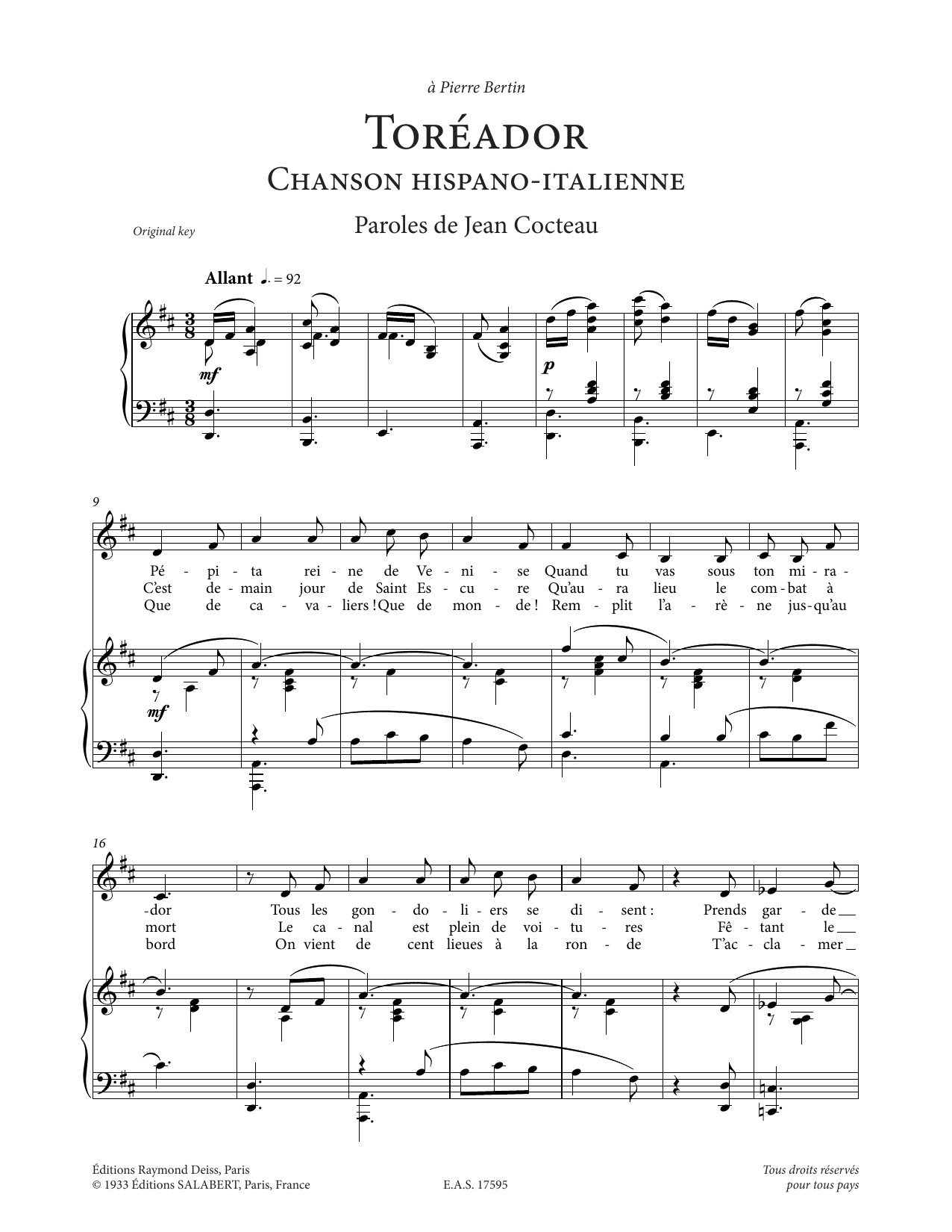 Francis Poulenc Toréador sheet music notes printable PDF score