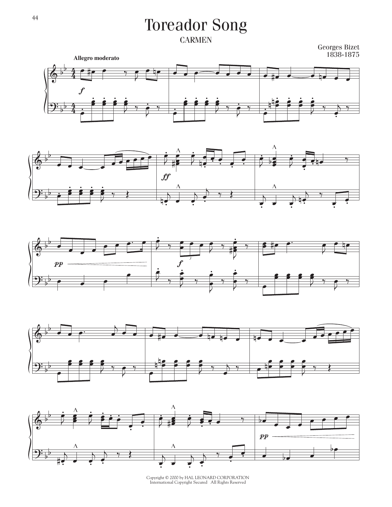 Georges Bizet Toreador Song sheet music notes printable PDF score