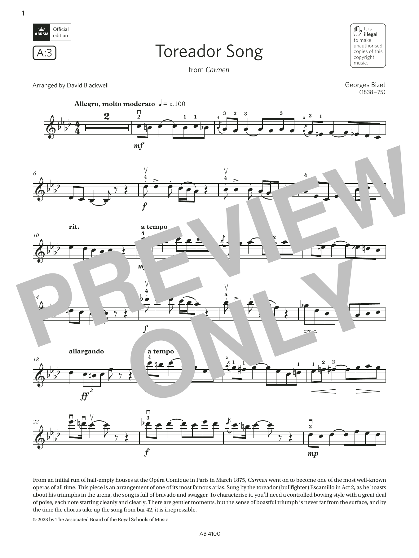 Download Georges Bizet Toreador Song (Grade 6, A3, from the AB Sheet Music