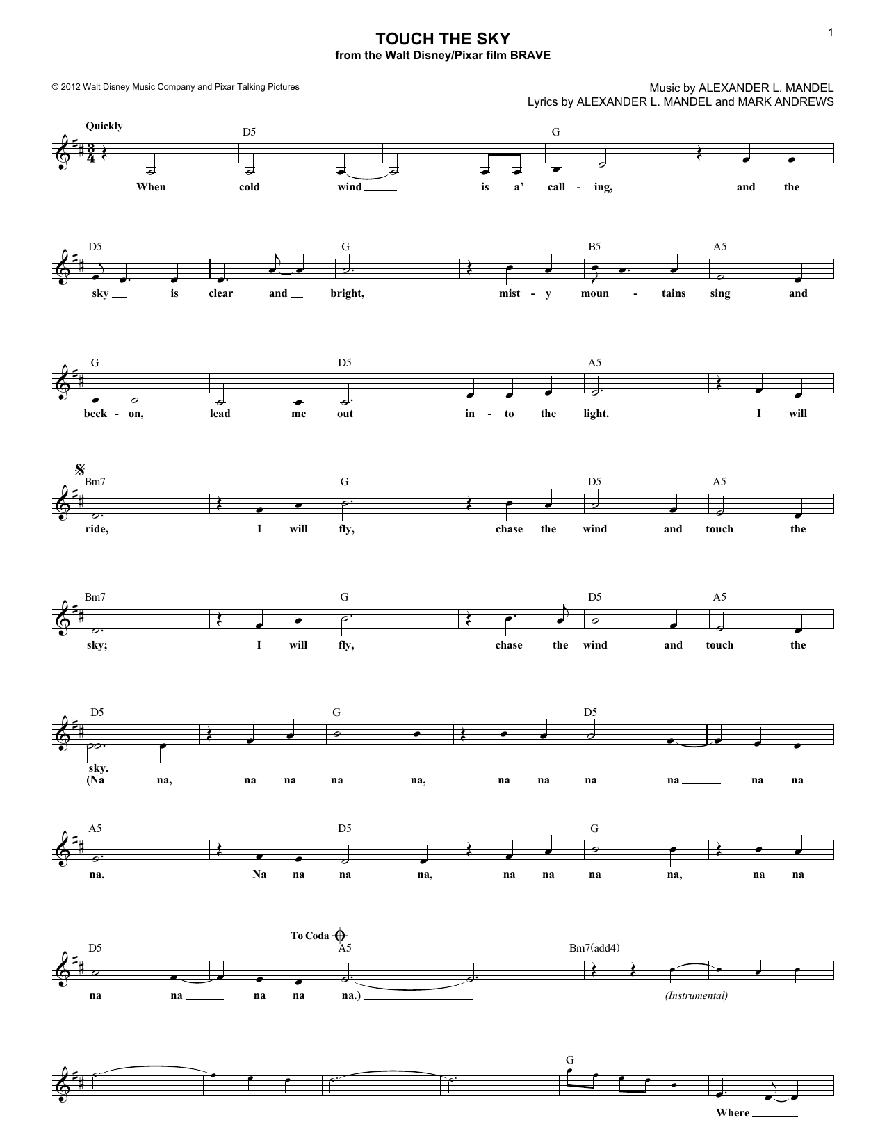 Download Julie Fowlis Touch The Sky (From Brave) Sheet Music