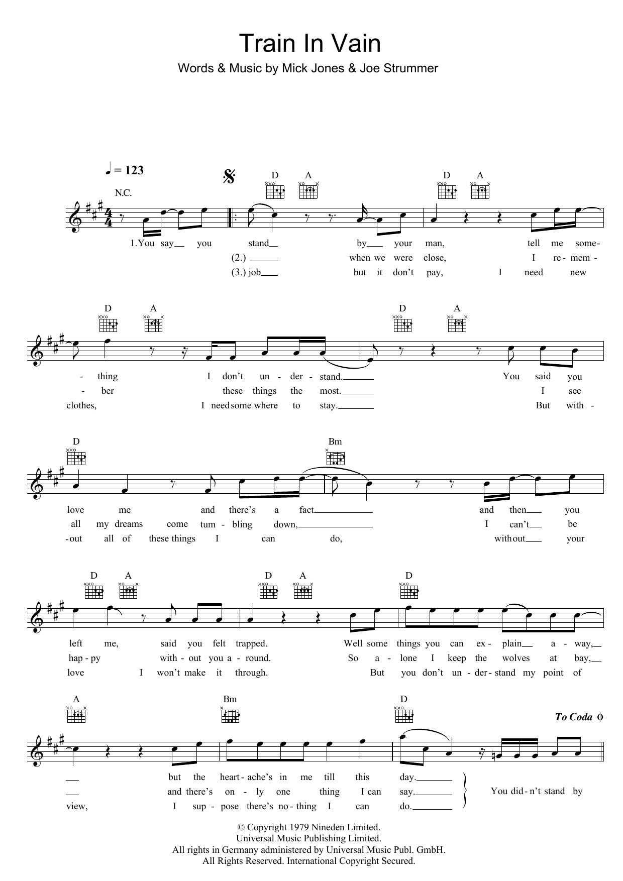 Download The Clash Train In Vain Sheet Music