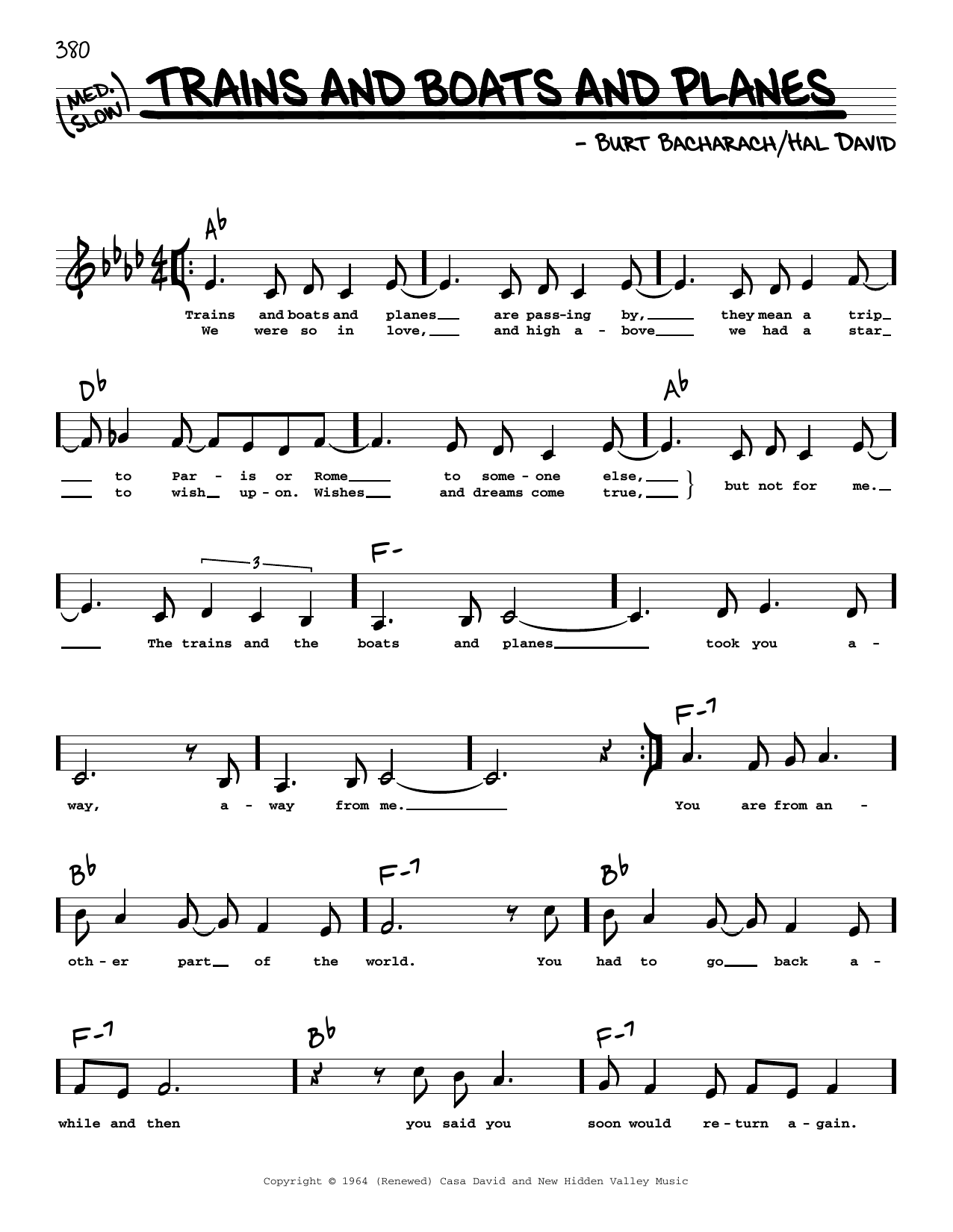Download Bacharach & David Trains And Boats And Planes (Low Voice) Sheet Music