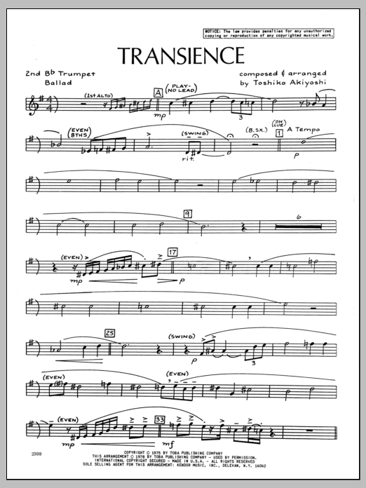 Download Toshiko Akiyoshi Transience - 2nd Bb Trumpet Sheet Music