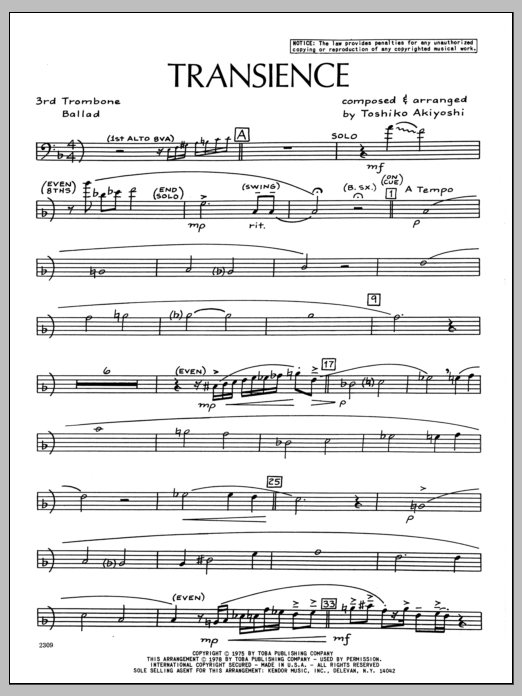 Download Toshiko Akiyoshi Transience - 3rd Trombone Sheet Music
