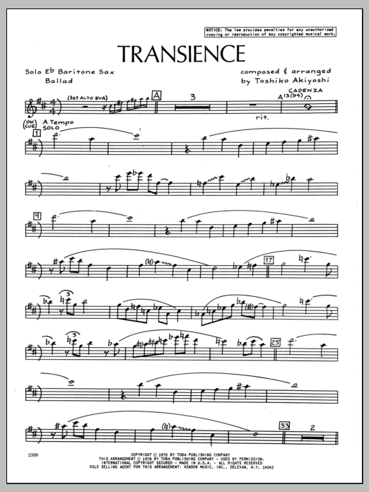Download Toshiko Akiyoshi Transience - Eb Baritone Sax Sheet Music