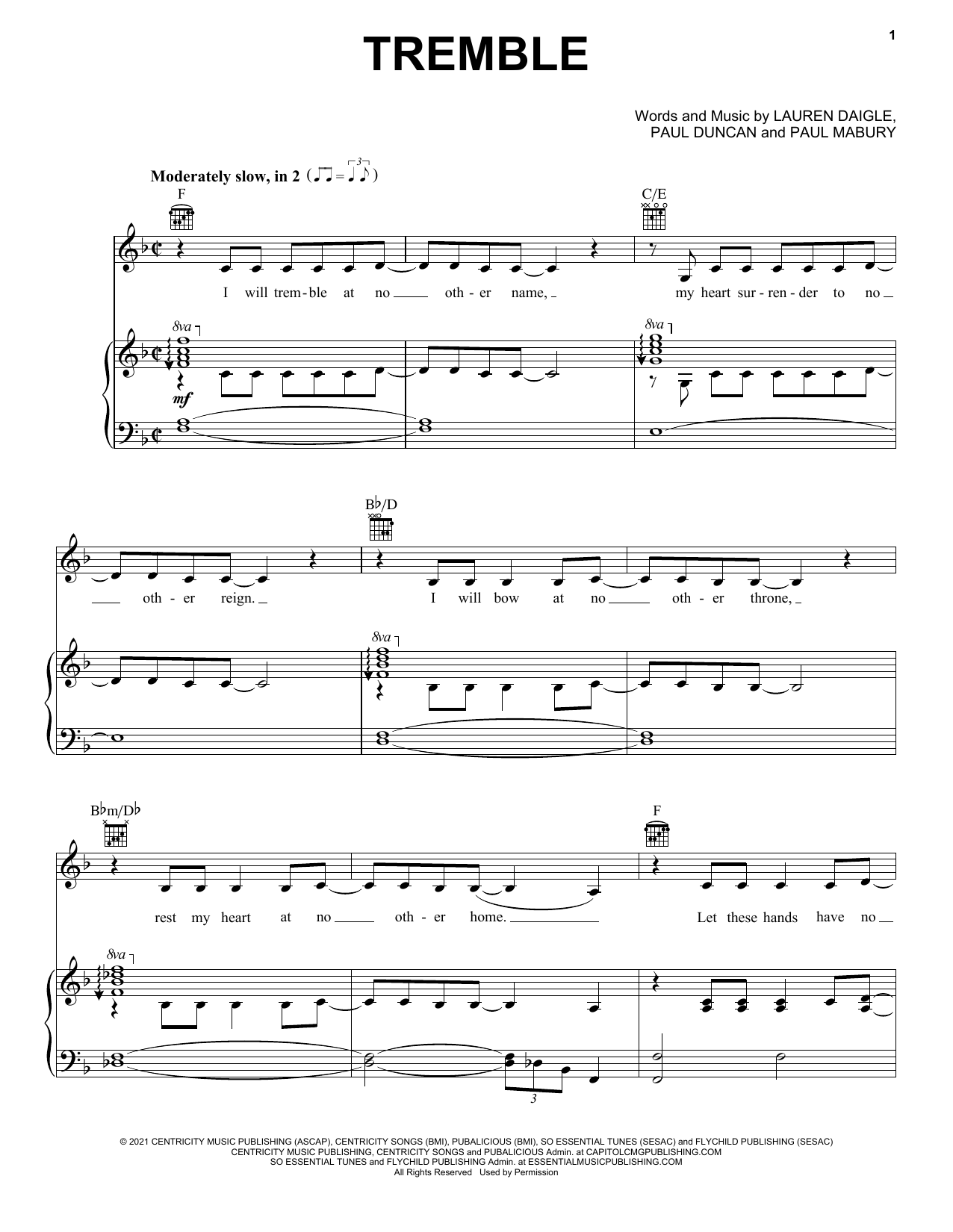 Lauren Daigle Tremble sheet music notes printable PDF score