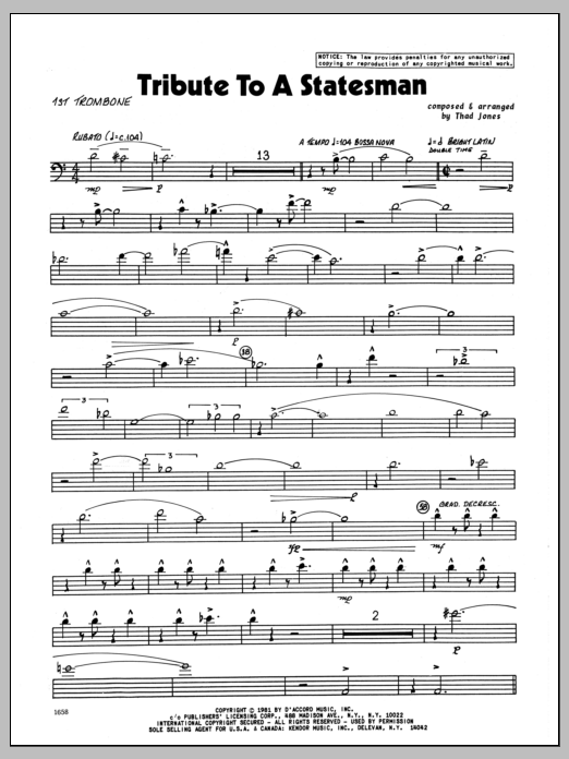 Download Thad Jones Tribute To A Statesman - 1st Trombone Sheet Music