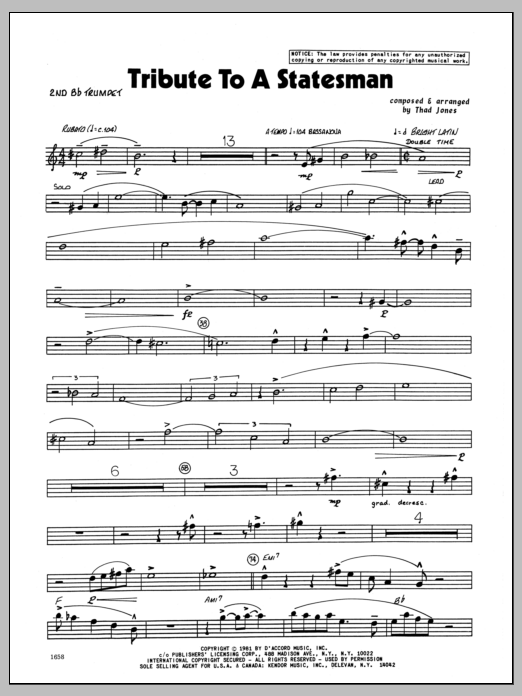 Download Thad Jones Tribute To A Statesman - 2nd Bb Trumpet Sheet Music