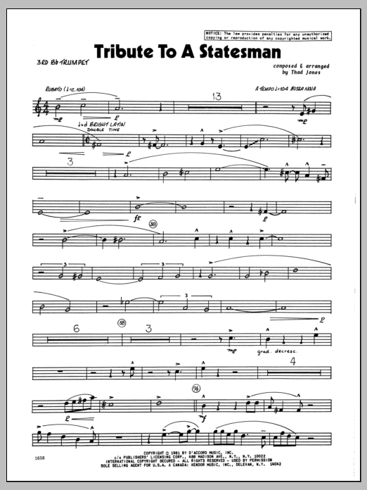 Download Thad Jones Tribute To A Statesman - 3rd Bb Trumpet Sheet Music