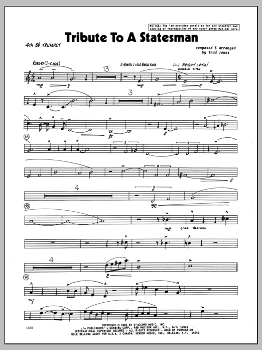 Download Thad Jones Tribute To A Statesman - 4th Bb Trumpet Sheet Music