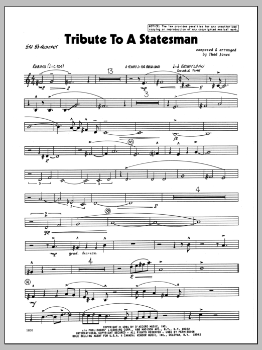 Download Thad Jones Tribute To A Statesman - 5th Bb Trumpet Sheet Music