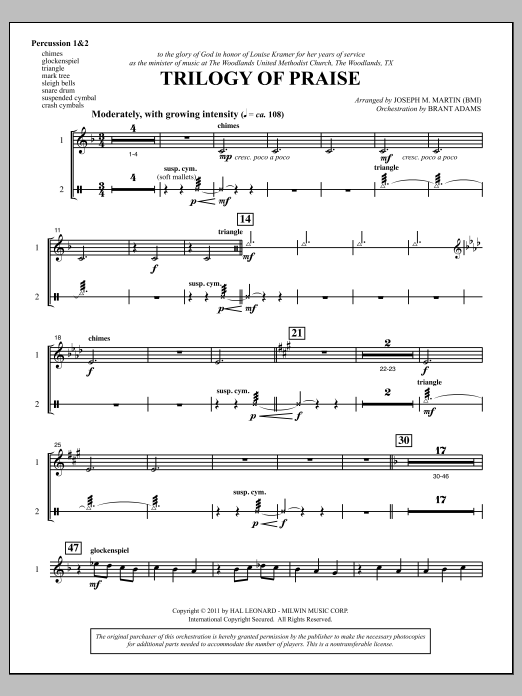Download Joseph M. Martin Trilogy Of Praise - Percussion 1 & 2 Sheet Music