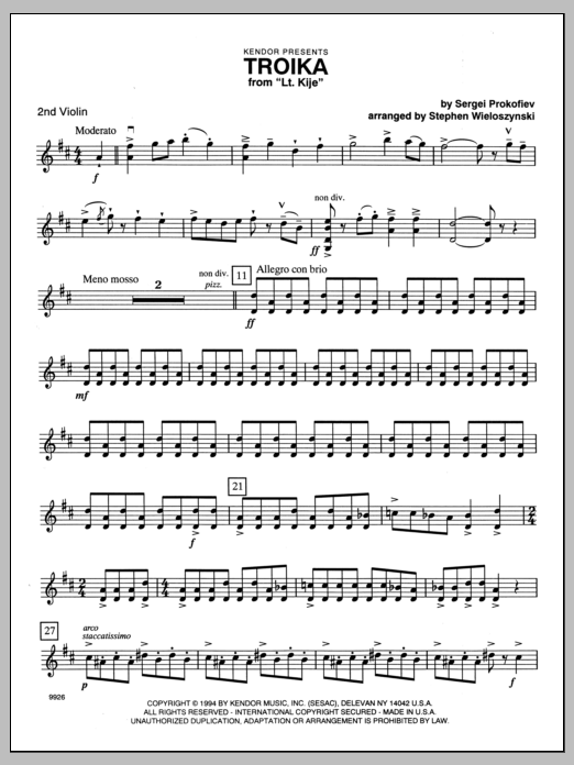 Download Wieloszynski Troika (from Lt. Kije) - Violin 2 Sheet Music