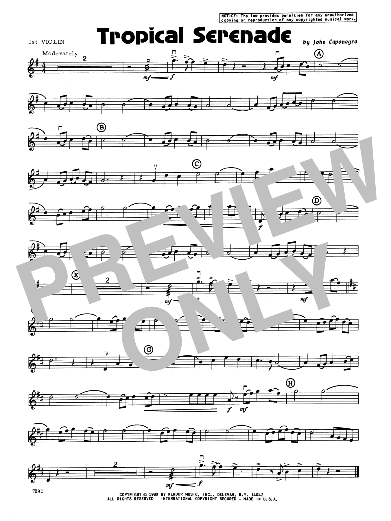 Download John Caponegro Tropical Serenade - 1st Violin Sheet Music