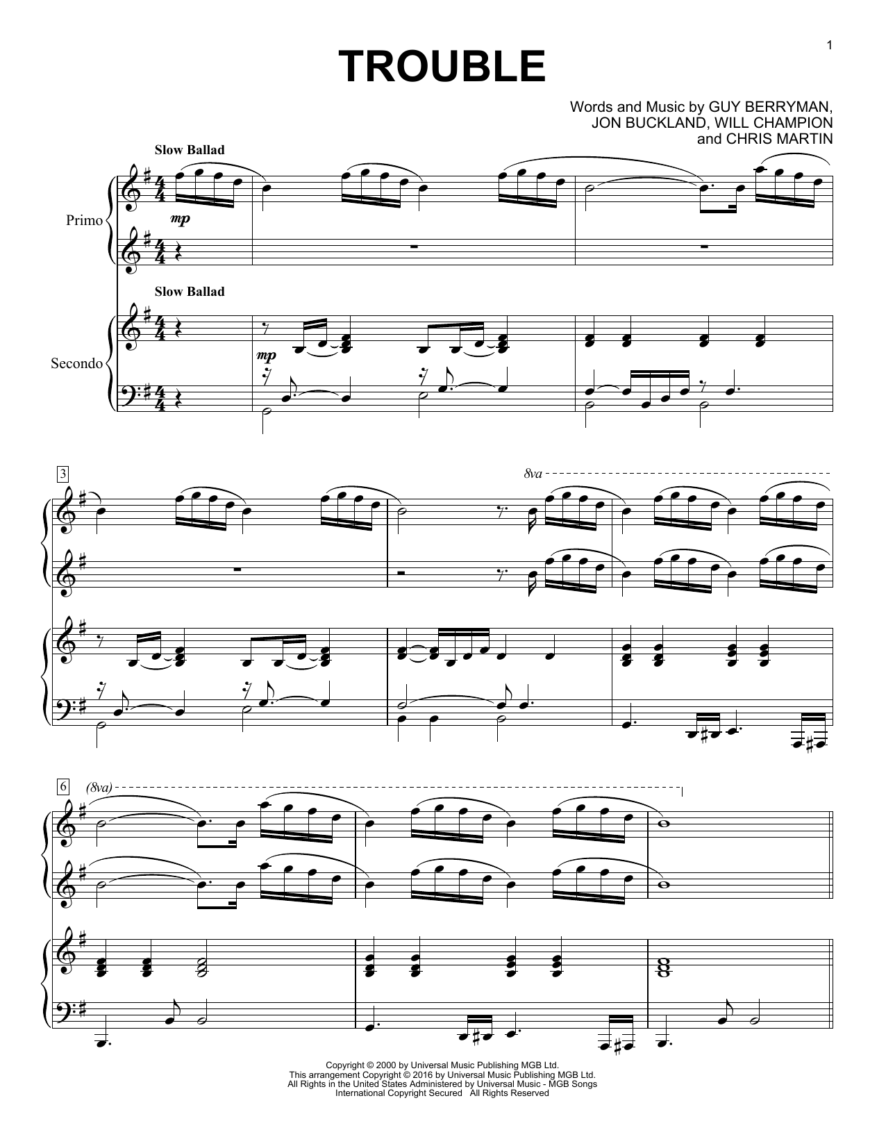Download Coldplay Trouble Sheet Music