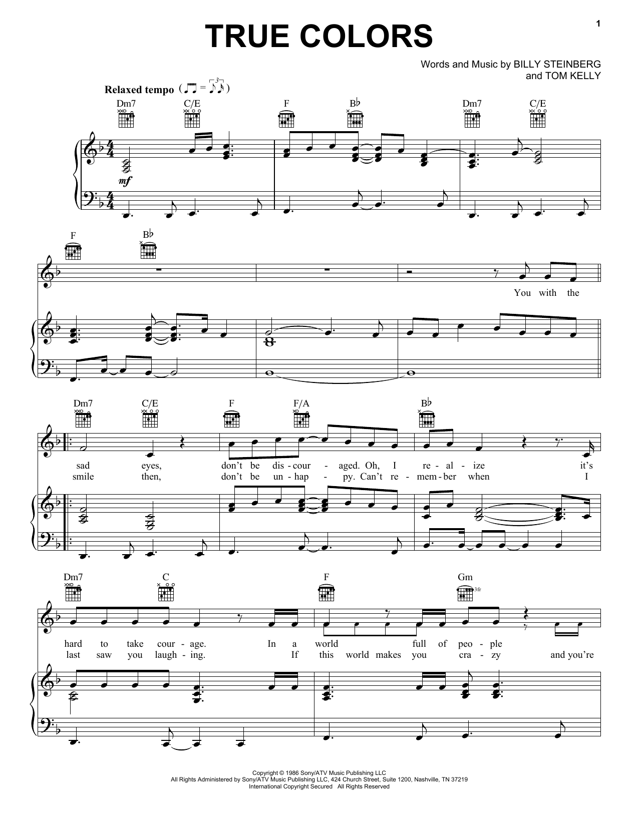 Cyndi Lauper True Colors sheet music notes printable PDF score