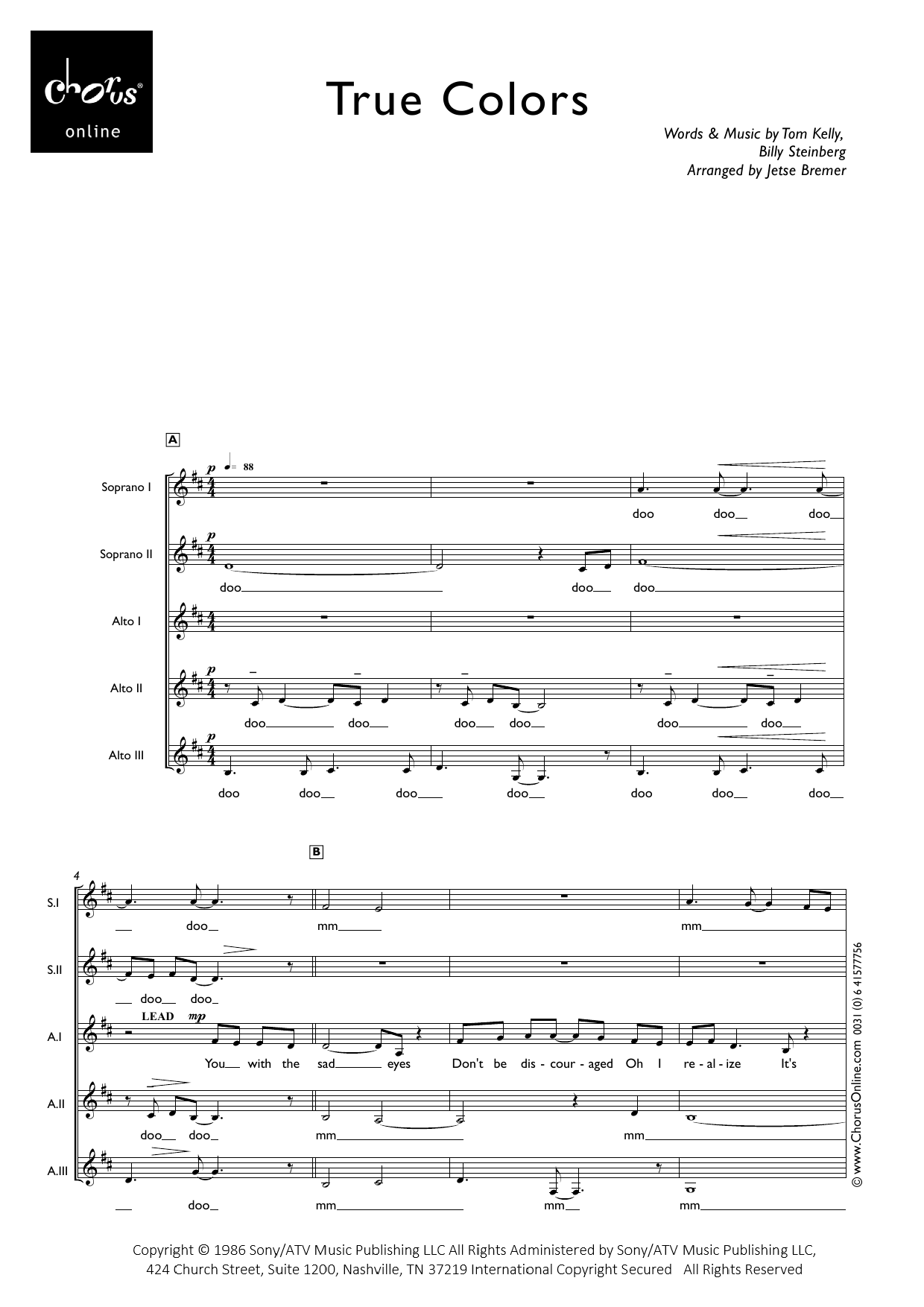 Cyndi Lauper True Colors (arr. Jetse Bremer) sheet music notes printable PDF score