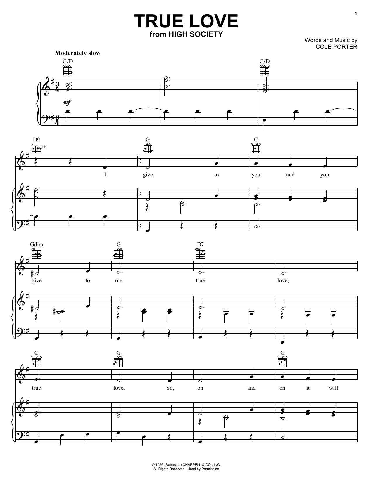 Bing Crosby True Love sheet music notes printable PDF score