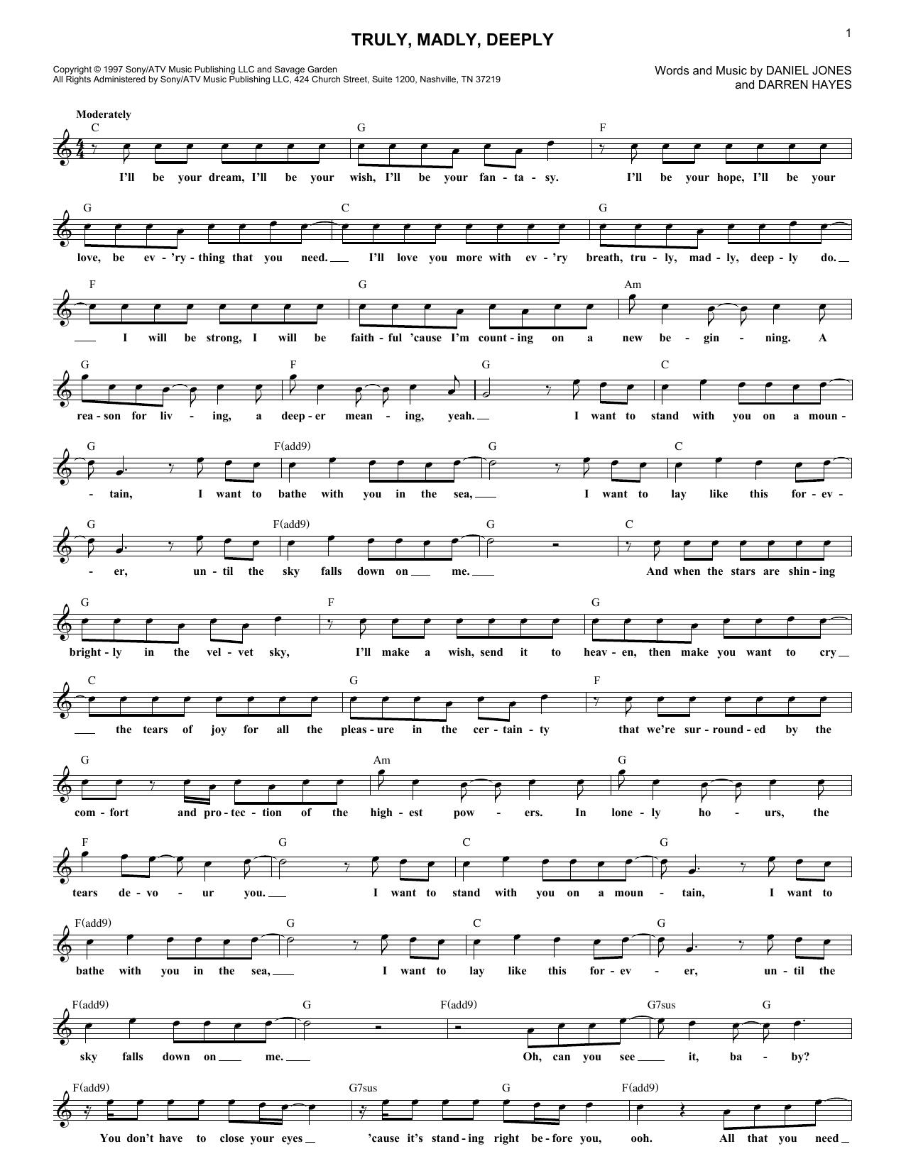 Download Savage Garden Truly, Madly, Deeply Sheet Music