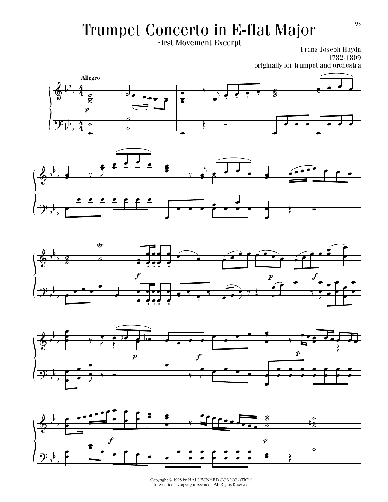 Franz Joseph Haydn Trumpet Concerto in E-flat Major, First Movement Excerpt sheet music notes printable PDF score