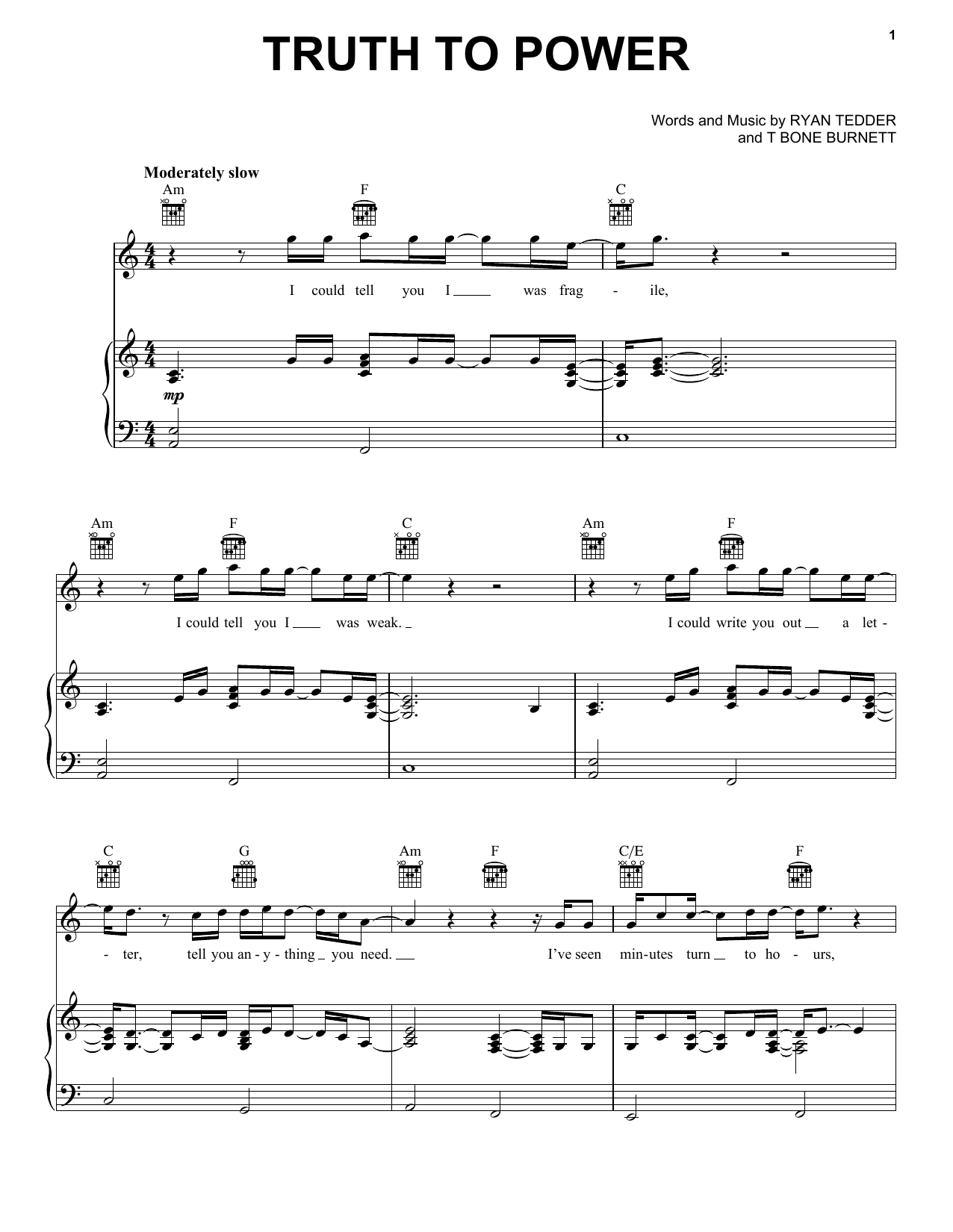 Download One Republic Truth To Power Sheet Music