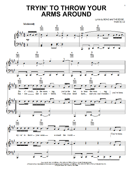 Download U2 Tryin' To Throw Your Arms Around Sheet Music