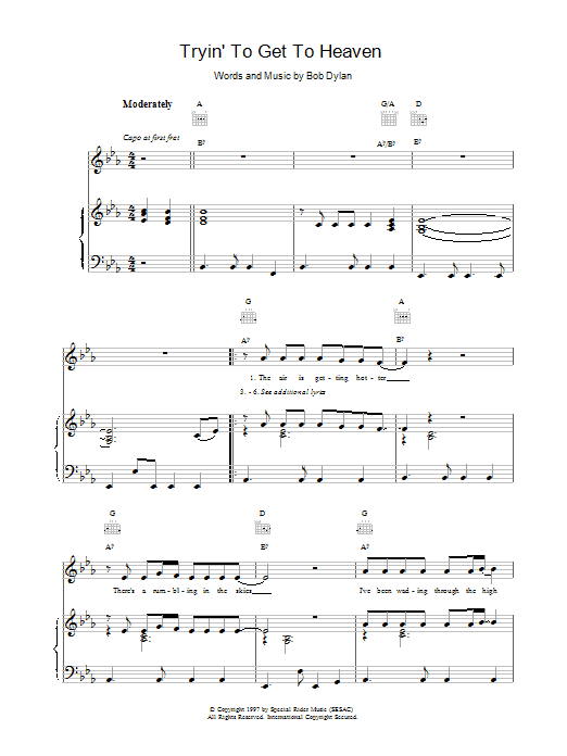 Bob Dylan Tryin'To Get To Heaven sheet music notes printable PDF score