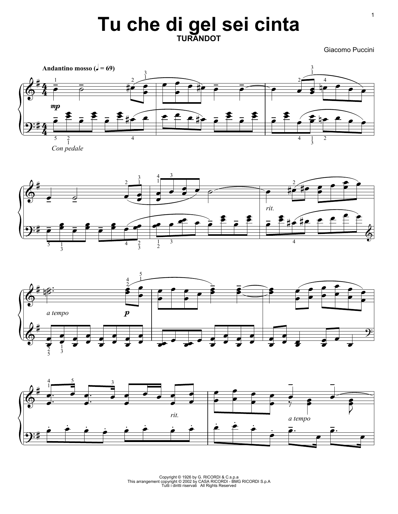 Download Giacomo Puccini Tu Che Di Gel Sei Cinta (from Turandot) Sheet Music